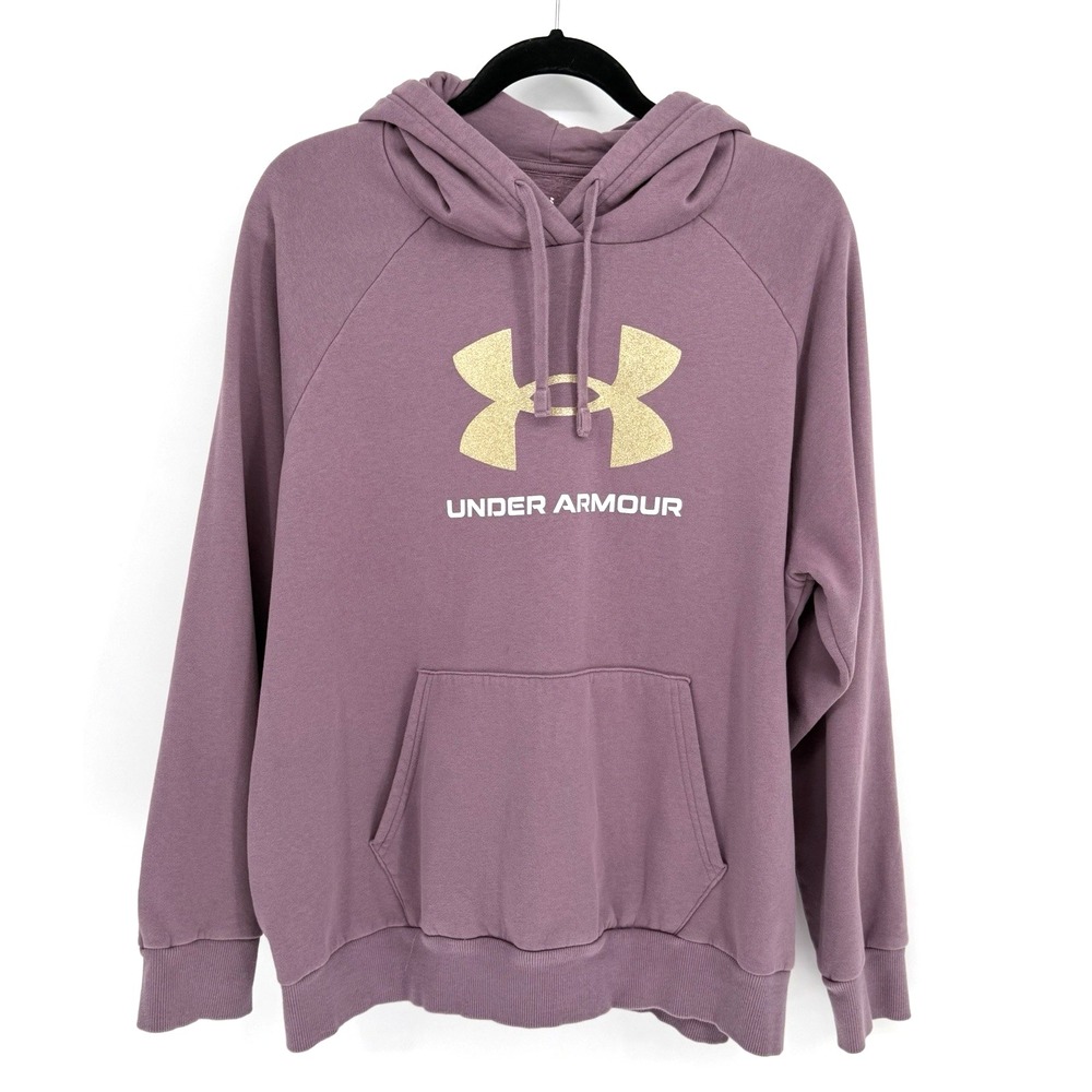 Under Armour UA Rival Glitter Hoodie 1383784 Women's XL Purple Gold Glitter Logo